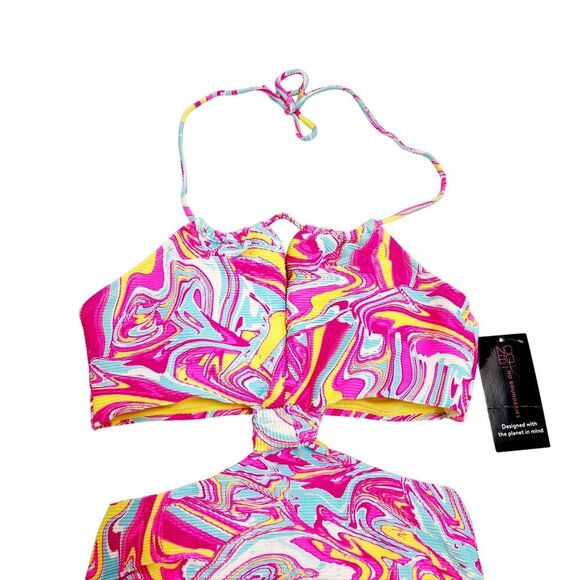 Womens High-Waisted Swirl Print Bikini Set Halter Tie Cut-Out Detail Size S - Picture 5 of 8